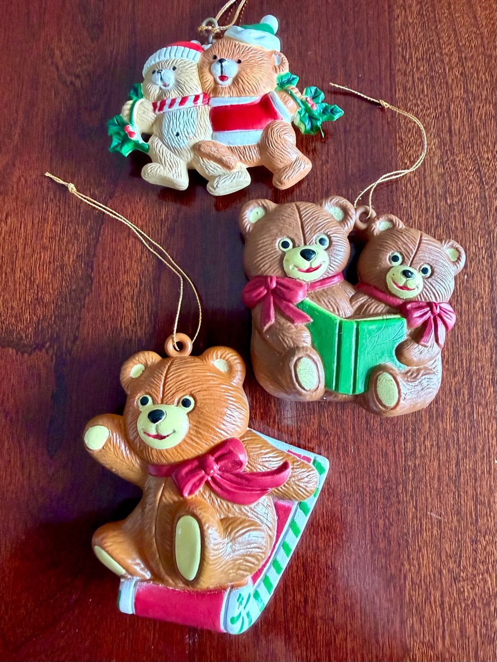 Vintage Teddy Bear Christmas Ornaments Set of 3 Festive Holiday Decorations